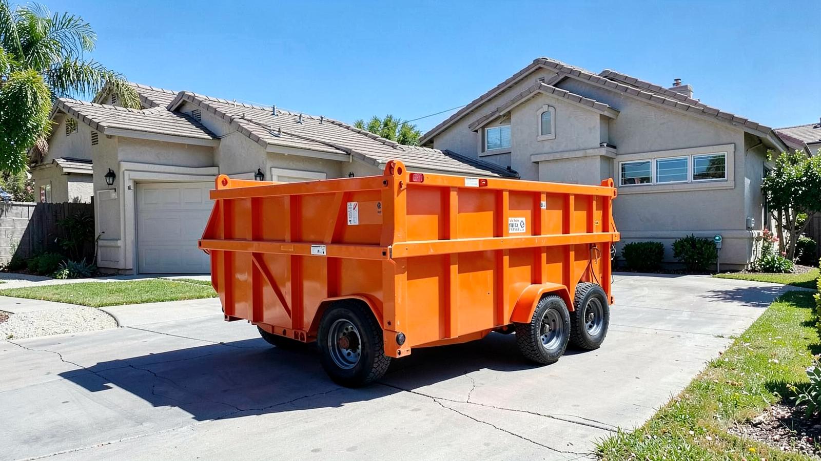 Orange roll-off dumpster placed on a residential driveway in Visalia, California